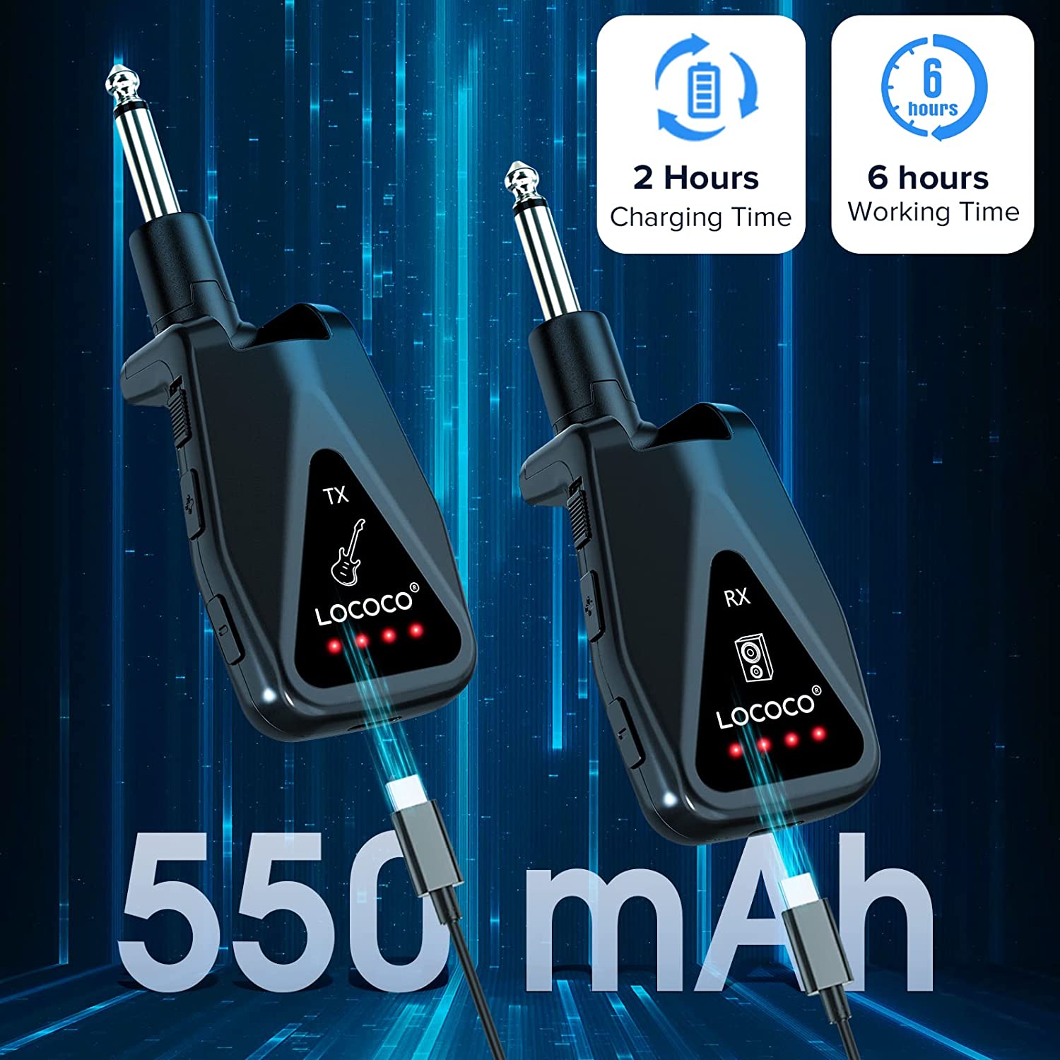 Wireless Transmitter Receiver UHF 4 Channels Rechargeable Audio Wireless Guitar System for Guitar Bass Electric Instruments