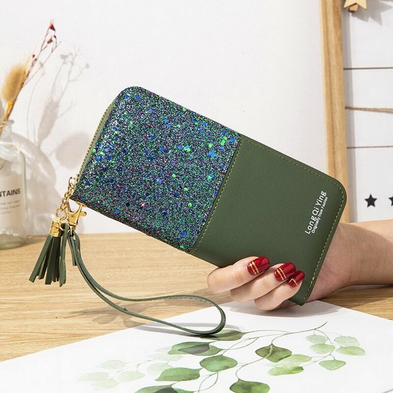 Puimentiua pailletten-Patchwork-glitzergeldbörse für damen, lange geldbörse aus pu-leder, münzfach, damengeldbörsen, mädchengeldbörsen: 2
