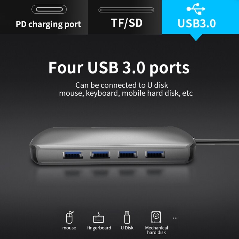 7 in 1 USB C Hub/Tipo C Dati Hub Con 7-Port 4 USB 3.0 + TF + SD + Tipo C PD Porte Smart Hub