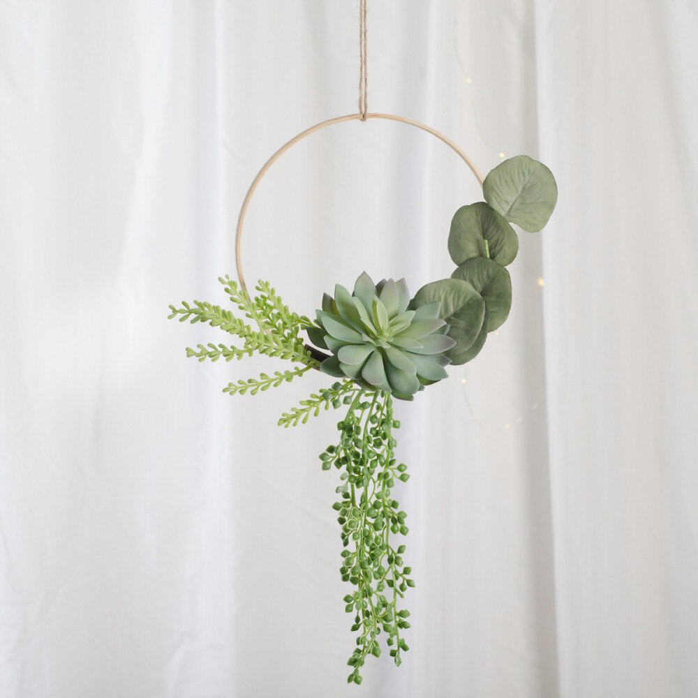 Cilected INS Artificial Green Plants Succulent Bamboo Ring Wall Hanging Home Hotel Shopping Mall Wall Decor Plastic Wreath: WT093-8