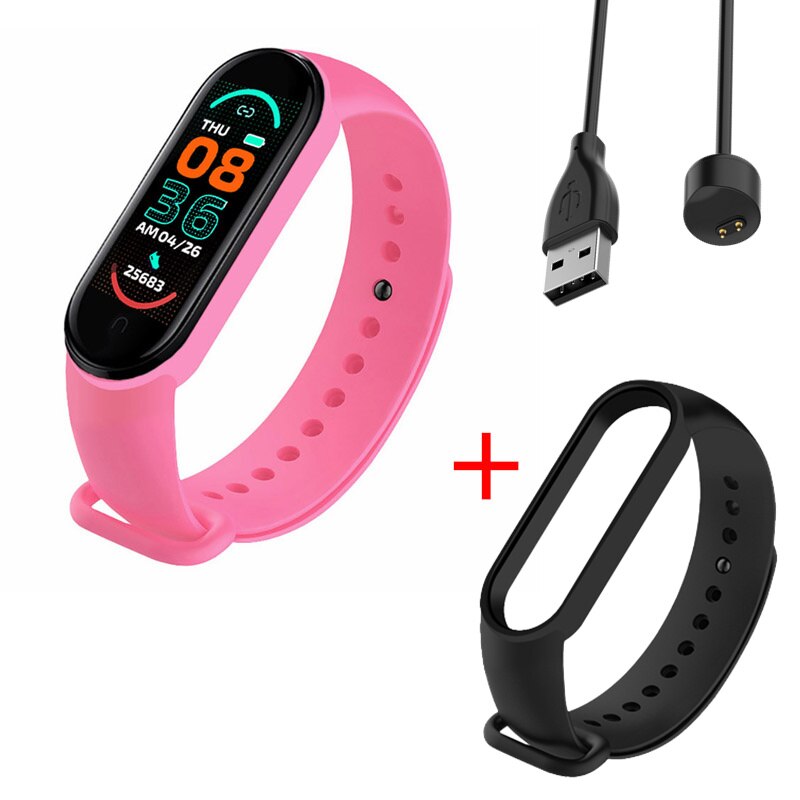 M6 Men&#39;s Ladies Smart Watch Fitness Pedometer Blood Pressure Heart Rate Monitor Digital Watch for Android IOS Phone System: pink Black