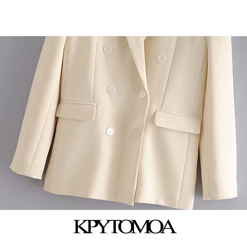 Kpytomoa Vrouwen Office Wear Double Breasted Blazer Jas Vintage Lange Mouwen Zakken Vrouwelijke Bovenkleding Chic Tops