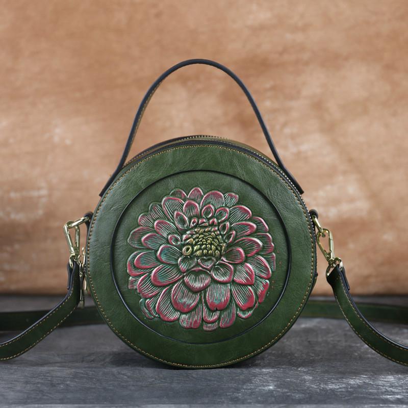 Johnature handgemaakte reliëf leren damestas met vintage bloemenprint, kleine handtas, luxe schoudertassen voor dames: Groente