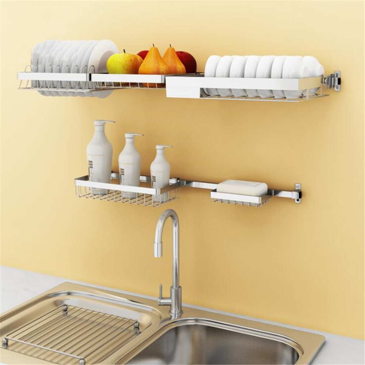 Stainless Steel Kitchen Shelf Storage Holders Bowl Dish Rack Organizer Utensils Storage Supplies Drying Bowl Sink Rack