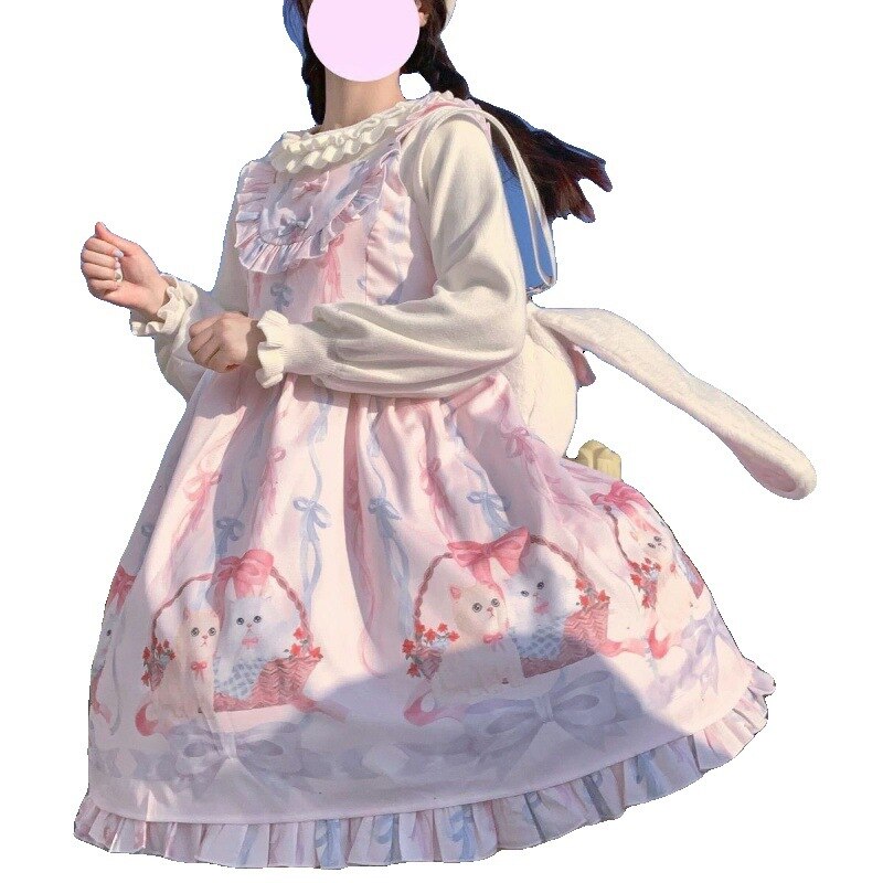 Kawaii Lolita Dress Women Girls JSK Lolita Kawaii Cute Cats Tea Party Dresses Ruffles Cosplay Spring Summer Slip Dress