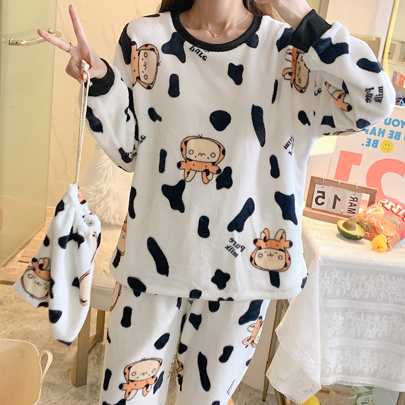 Conjunto de pijama de franela cálida para mujer, ropa de dormir de manga larga, Top y pantalón largo, 3 piezas