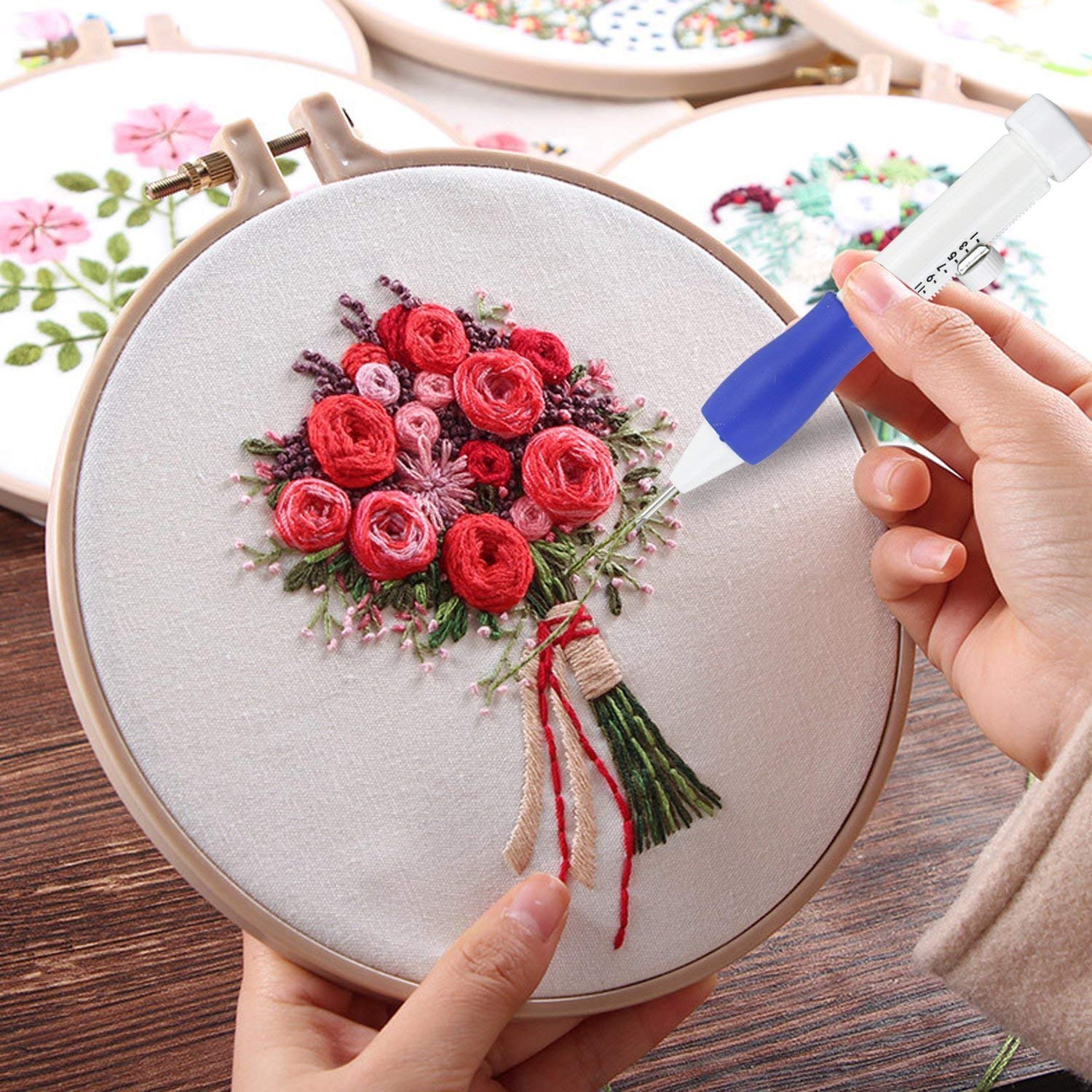 Embroidery Starter Kit Full Set-Magic Embroidery Pen Punch Needle,Hoops,Threads,Stitching Punch Pen Set Craft Tool for Beginner