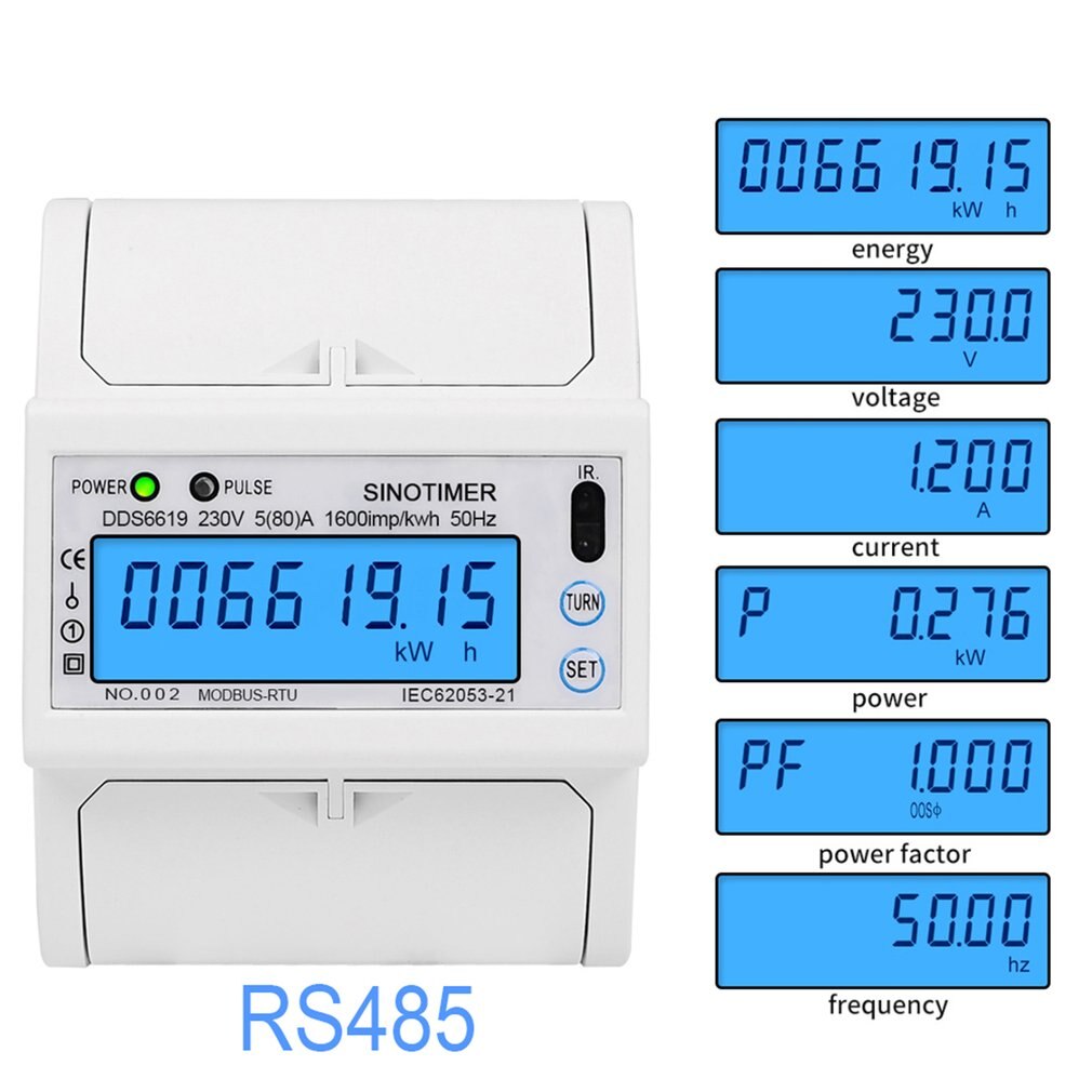 Single Phase 5 (80) One 230V AC RS485 Modbus Rtu Energy Meter Electrical Consumption Luminous Monitoring Din Rail