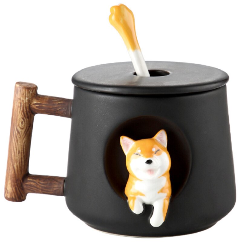 Cartoon Ceramic Mug Cute 3D Shiba Inu Dog Spoon Milk Tea Coffee Cup
