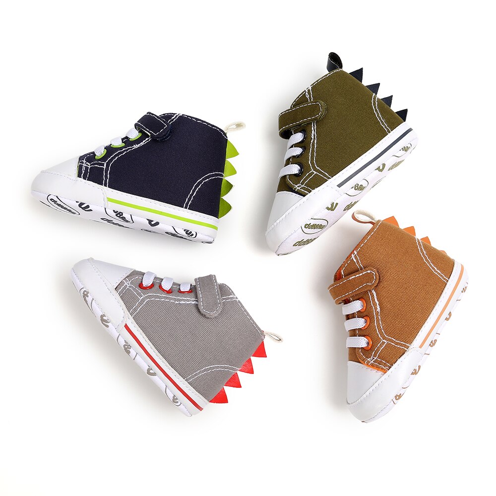 Focusnorm 0-18m spädbarn baby pojke höstskor high top sneakers mjuk sula anti-halk krokögla dinosaurie toddler canvas skor