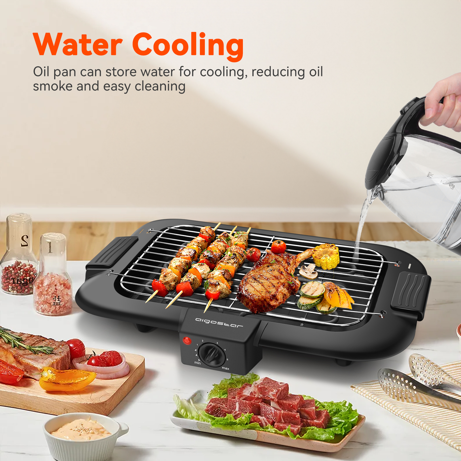 AIGOSTAR Barbacoa Eléctrica, Uso con Agua: Evita Manchas y Humo, Bandeja Recoge Grasa,Termostato (2000W)