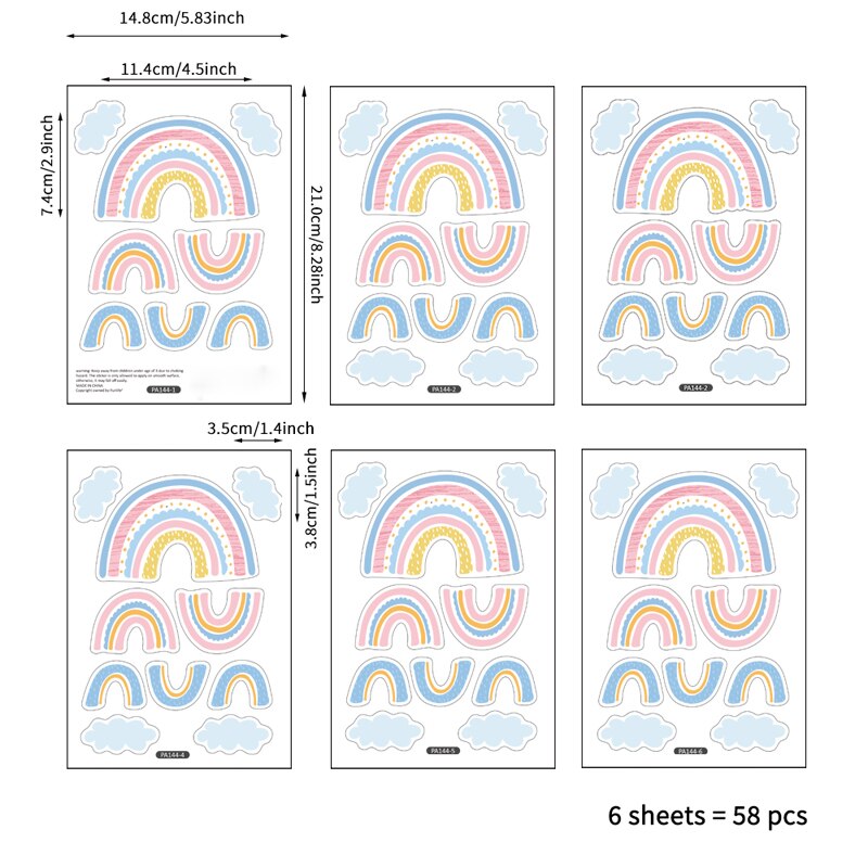 Vacclo 58pcs Cartoon Rainbow Cloud Muurstickers PVC Babykamer Decoratie Muurstickers Cup Computer Raamdecoratie Stickers