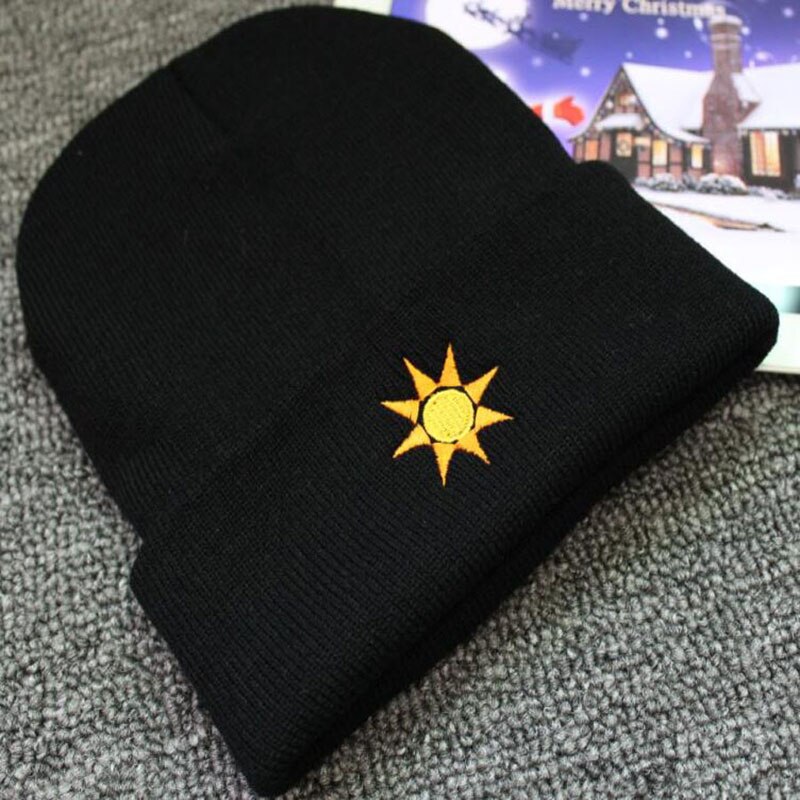 Embroidered Sun Snowflake Pattern Warm Fall Winter Hats Beanie for Men and Women Knit Bonnet Black Skull Cap
