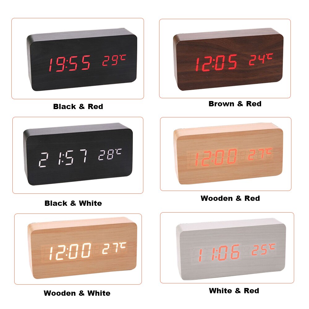 Wooden Alarm Clock Sound Control LED Digital Alarm Clock Electronic Temperature Display Desk Table Clock Auto Brightness Adjust