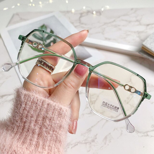 Metal Myopia Glasses Women&men Big Frame Polygon Myopia Glasses Anti-blue Light Eyeglasses Student Shortsight Eyewear: Gradient green