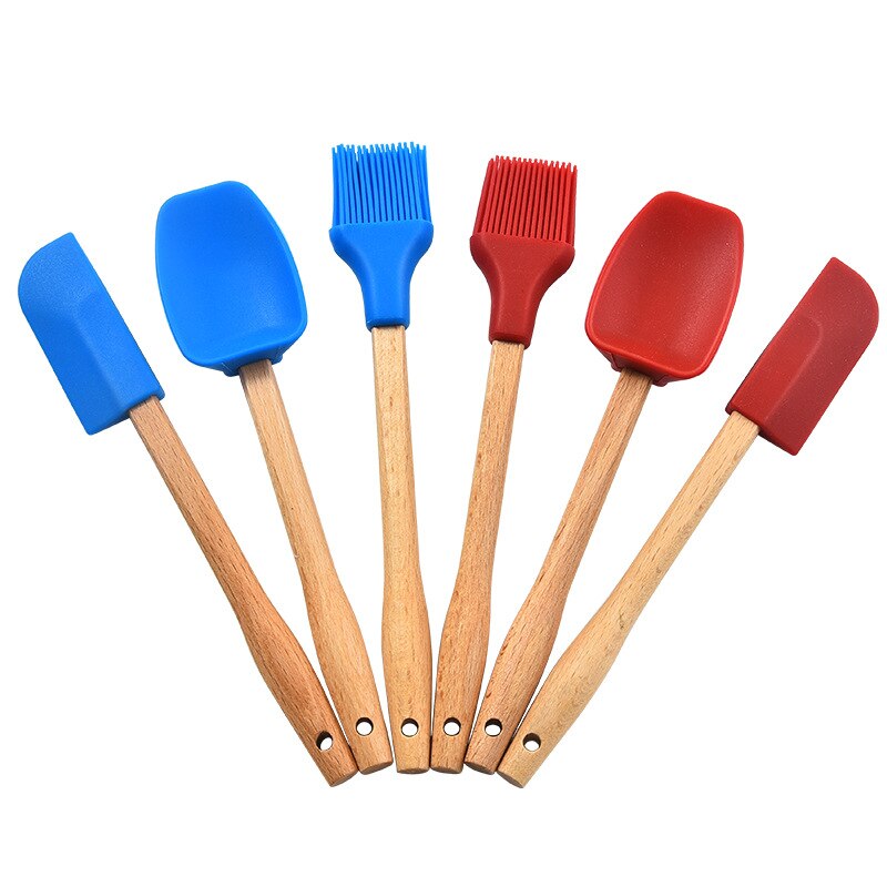 Factory Wooden Handle Silicone Small Scraper Oil Brush Spatula 3-Piece Silicone Scraper Set Baking Tools Eco-Friendly