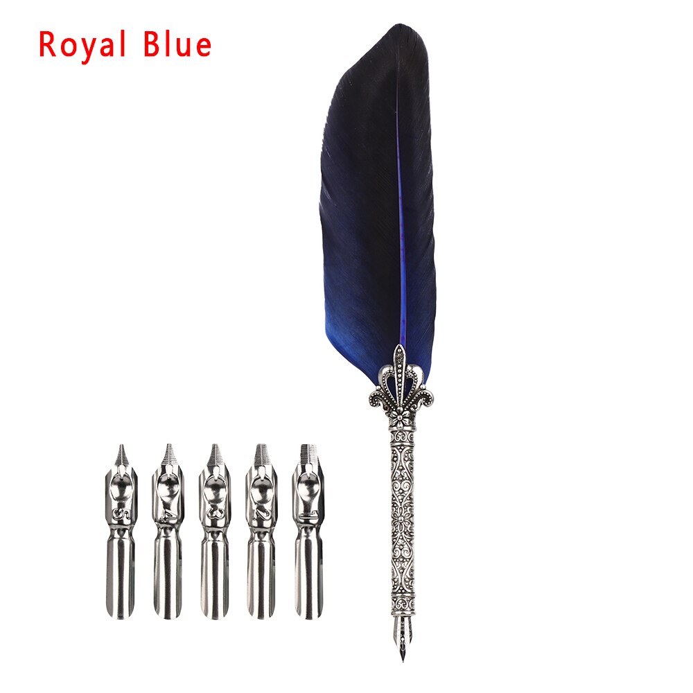 1Set Feder Dip Brunnen Stift Chancery Quill Türkei Schrägen Stifte + 5 stücke Nib Geschnitzte Metall für Phantasie Kalligraphie vintage Stift: Royal Blue