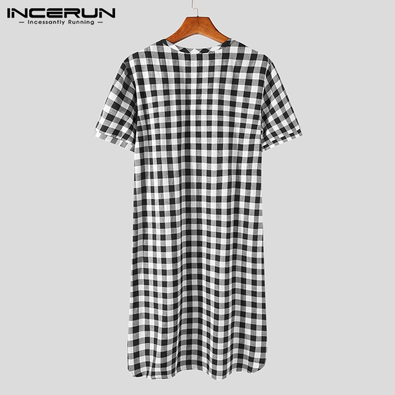 INCERUN Men Plaid Robes Homewear V Neck Short Sleeve Comfortable Leisure Nightgown Summer Soft Sleepwear Men Bathrobes S-5XL 7