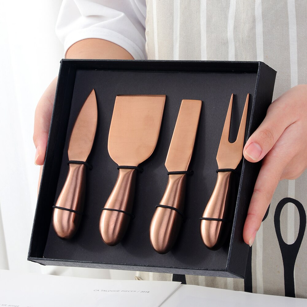 Outil à fromage en or, trancheur, couteau râpes à fromage, outils de cuisine, spatule à gâteau, couteau à beurre, ensemble de 4 pièces: Rose Gold with box