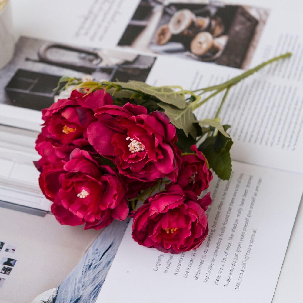 5 Bundles Silk Pink Peony Autumn Wedding Decorative Flowers Christmas Decorations for Home Bridal bouquet DIY Artificial Flowers: Red