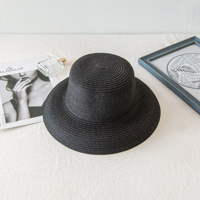 Sommer dame plisseret stråhat kvinder afslappet stor rand rand floppy solhat cap strand casquette gorros: Sort