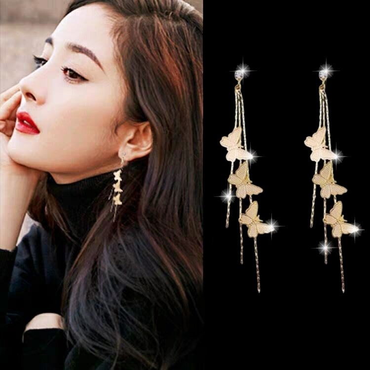 Européen exagéré trois papillons boucles d'oreilles pour tempérament féminin couleur or gland longue papillon boucle d'oreille bijoux