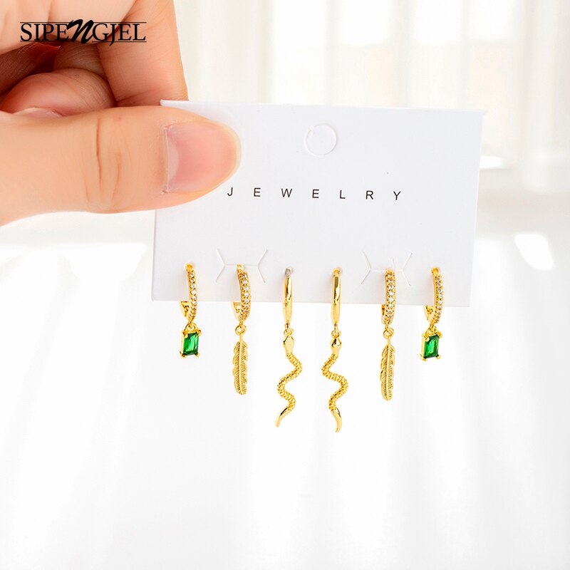 Sipengjel 6 Pcs Set Green Zirkoon Snake Hanger Oorbellen Prachtige Blad Kleine Hoepel Oorbellen Voor Vrouwen Sieraden