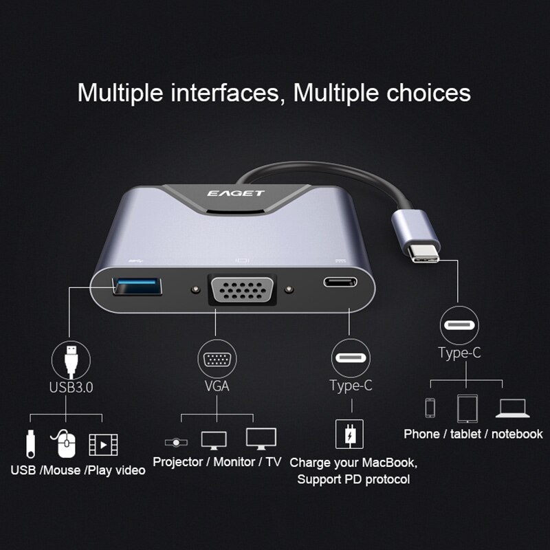 Eaget  ch06 -monitoimimuunnin, vga-liitäntä tv-projektorin näyttö, usb 3.0 -liitäntä u-levyhiiri, c-tyypin lataus macbook