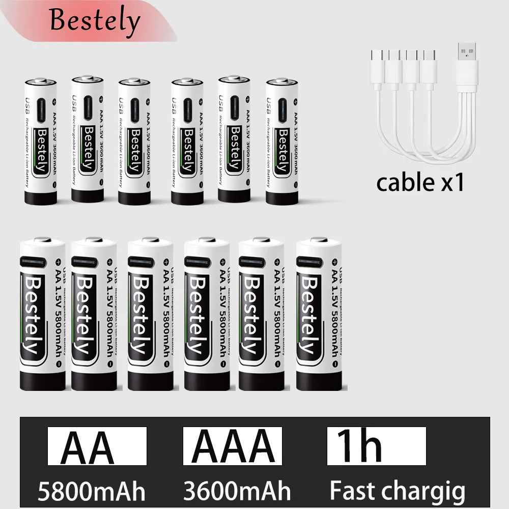 1.5V AA 5800mAh+AAA 3600mAh Lithium rechargeable Battery,USB Fast Charging Li-ion Battery , 2000 Cycles with USB- C Cable: GRAY