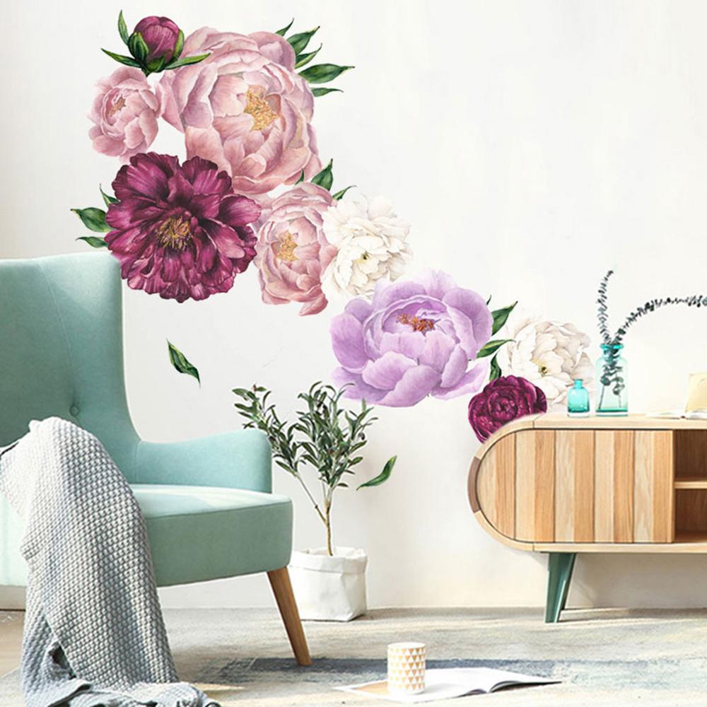 Plante verte autocollant Mural bricolage pivoine Rose fleurs plage feuilles de palmier tropicales Stickers muraux Art moderne vinyle décalcomanie murale