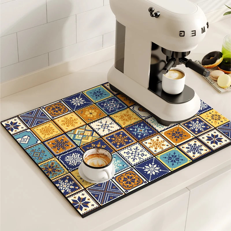 VIKAMA Kitchen Diatom Mud Mat Retro Coffee Machine Mat Waterproof Dish Drying Mats Quick Dry Drain Pad Draining Placemat
