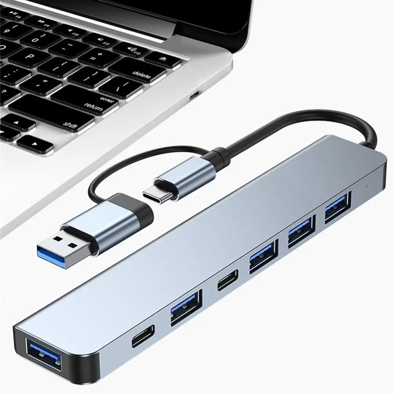 Hub USB-C 8 em 1 com adaptador de áudio, leitor de cartão Micro SD, conversor de disco para laptop, tablet e celular.
