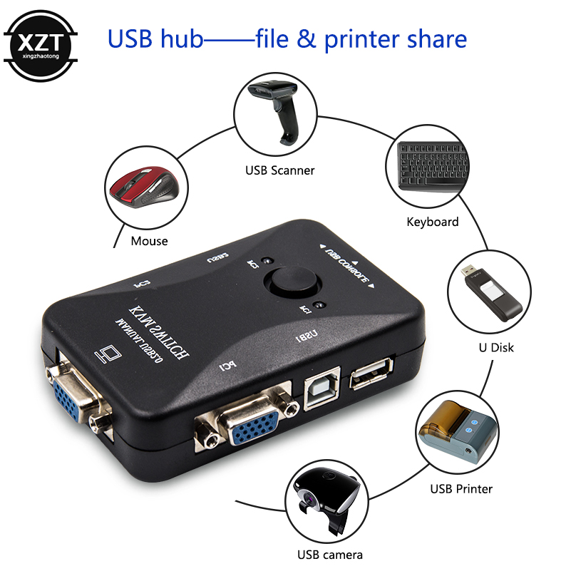 2 Port USB 2.0 KVM Switch Vga SVGA Splitter Box for USB keyboard Mouse Monitor Adapter Usb Printer Switch with Vga+USB Cable