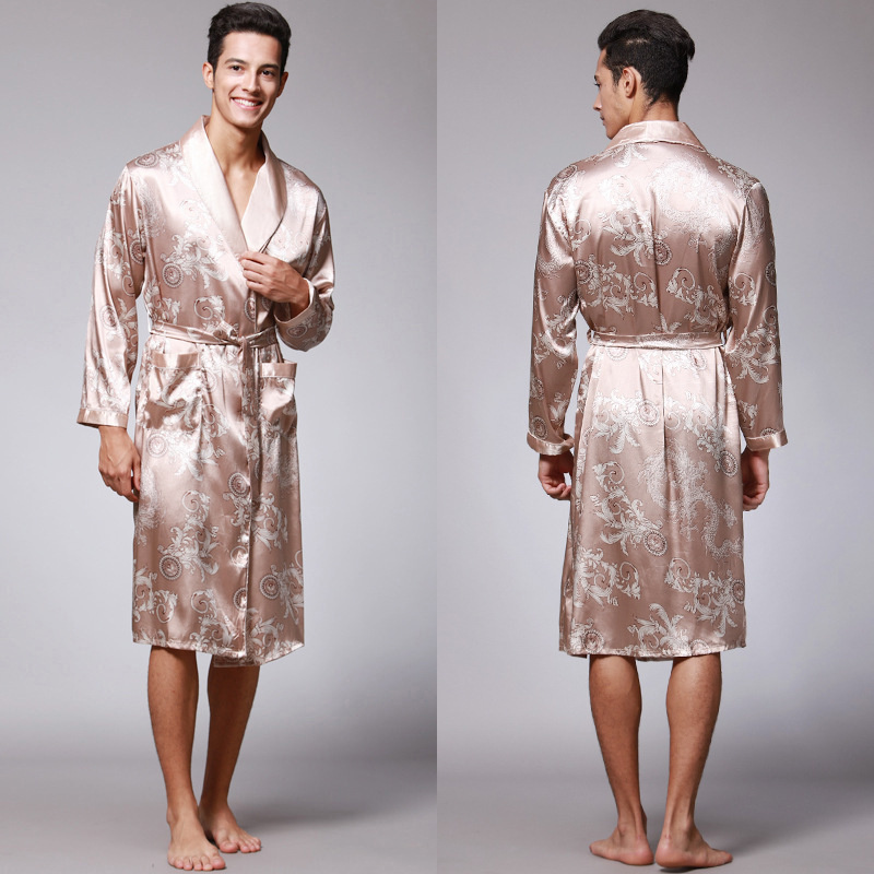 Mannen Zomer Herfst Kimono Badjas Zijde Satijn Gouden Draak Lange Badjas Kamerjas Knielengte Zwarte Nachtkleding: L / Ivoor