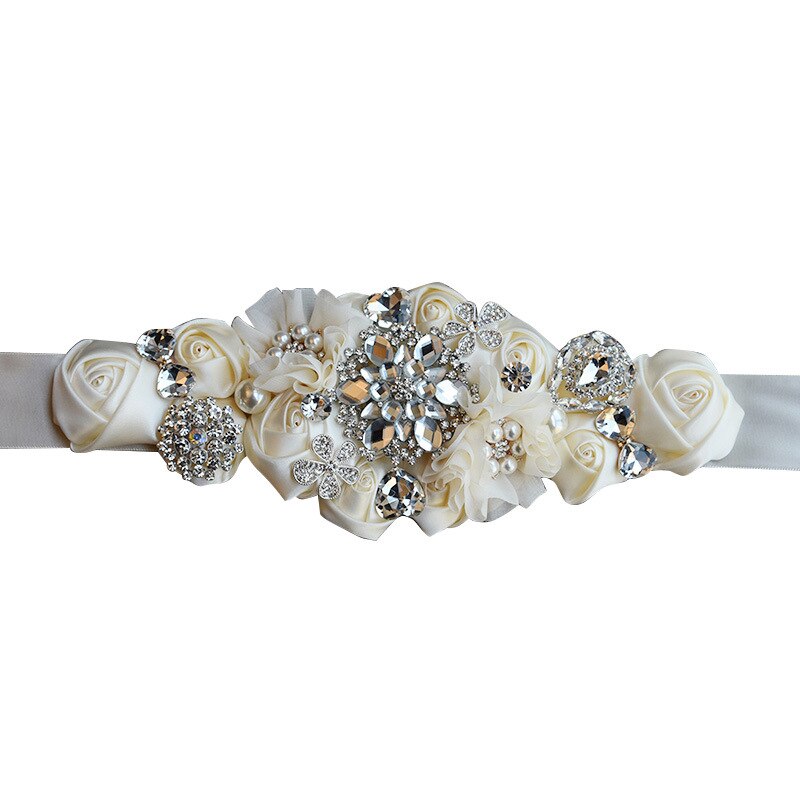 JaneVini-cinturones para boda con abalorios, con flores, Burdeos, satén, rosas, boda, cinturón con cristales, cintas de banda de diamantes de imitación,: Beige