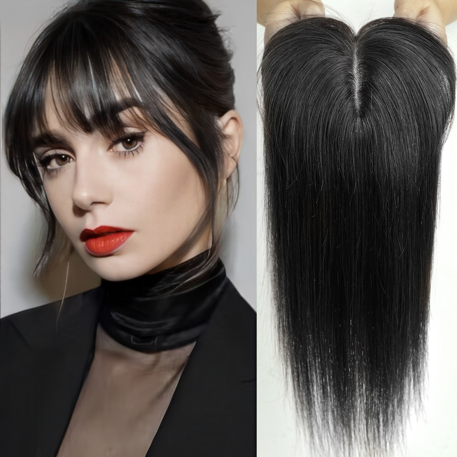 Ombre Braune Echthaar-Deckel-Perücken mit Pony, Seidenbasis-Clip-Stücke, 35,6 cm, gerade Deckel-Haare für Damen-Haarverlängerung: 8 zoll / 60R #