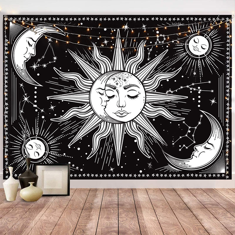 Sun Moon Face Black And White Tapestry Wall Hanging as Wall Art and Home Decoration for Bedroom Living Room Dorm Decor