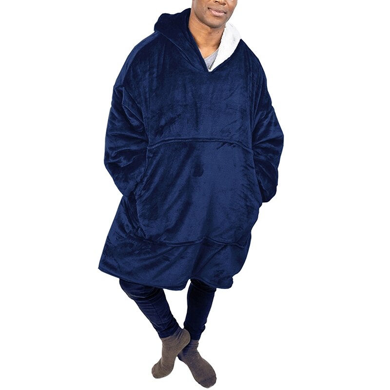 Oversized Hoodie Women Men Winter Fleece Blanket With Sleeves Sweatshirts Christmas Homewear Giant Hooded TV Blanket: Navy Blue(unisex)