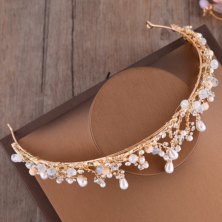 Jonnafe Gouden Tak Parels Tiara Ketting Oorbellen Bruiloft Sieraden Set Handgemaakte Bruids Accessoires Vrouwen Sieraden Sets