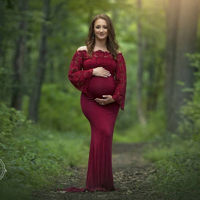 Rekvisita för gravidfotografering i spetsar för gravida kläder gravidklänningar för fotografering gravidklänningar: Vin, röd / L