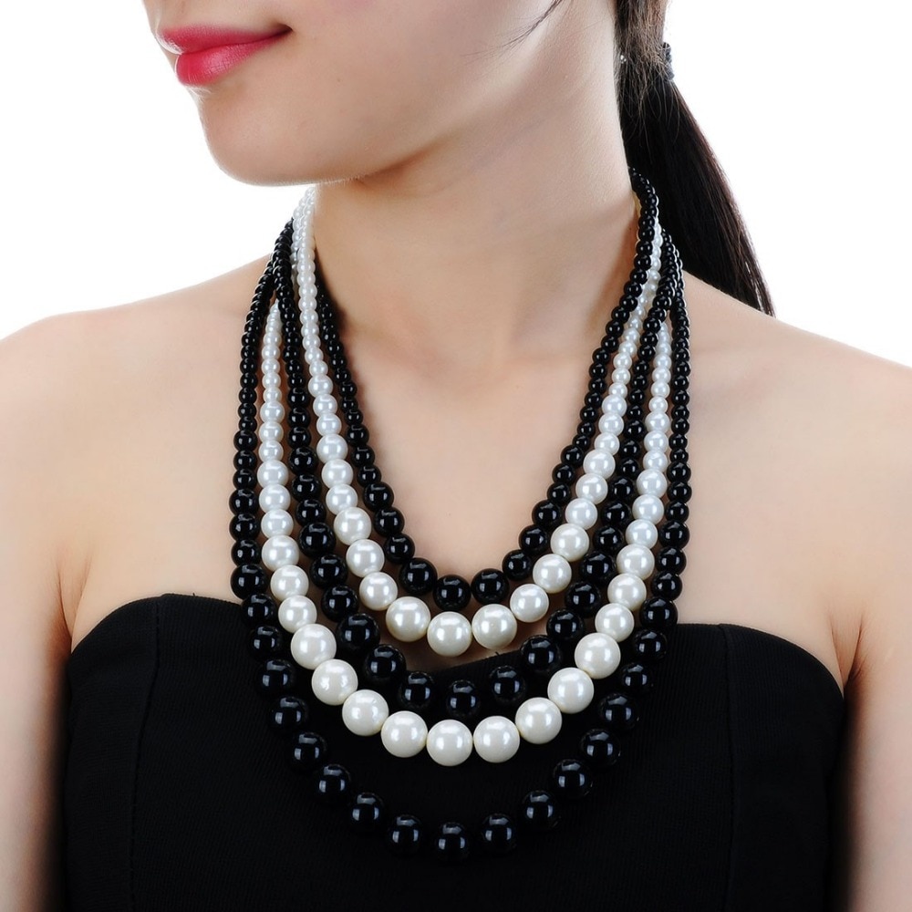 Christmas Thanks Giving Best Choice Black White Pearl Chain Beads Style Pretty Bib Pendant Necklace Black&White