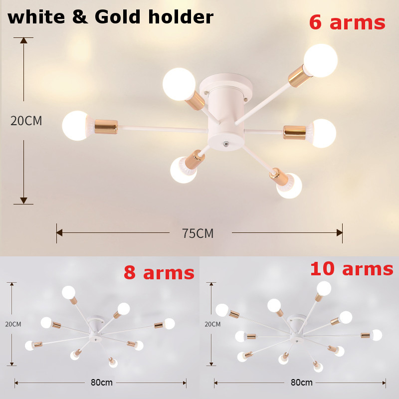 retro Eisen Kronleuchter Schwarz/Weiß 6/8/10 Steckdosen Beleuchtung Jahrgang Spinne Kronleuchter Moderne Decken Lampe Licht Leuchte Beleuchtung: Weiß golden Halter / 8 Steckdosen