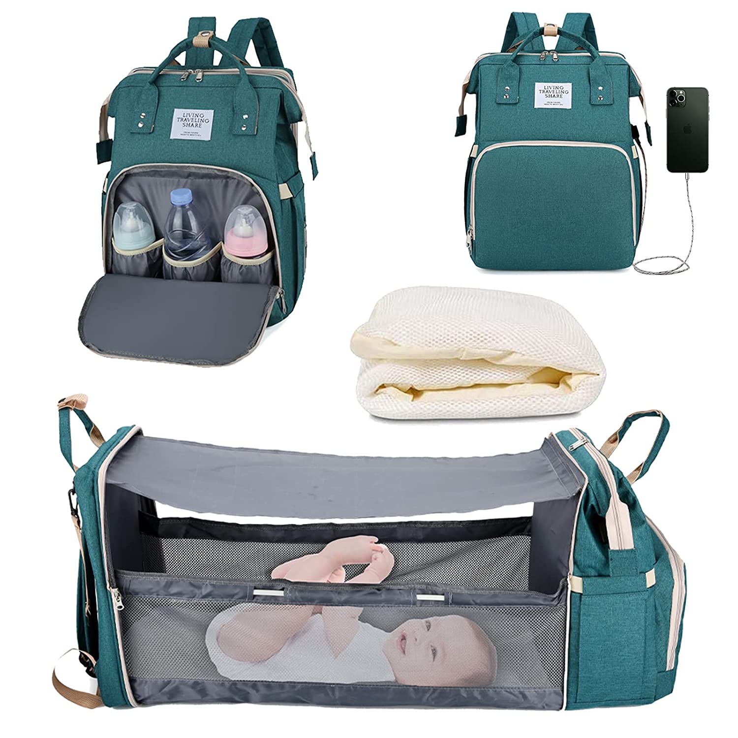 Bolsa de pañales 3 en 1, mochila con cuna plegable automática, portátil, impermeable, de gran capacidad, con puerto USB: 5