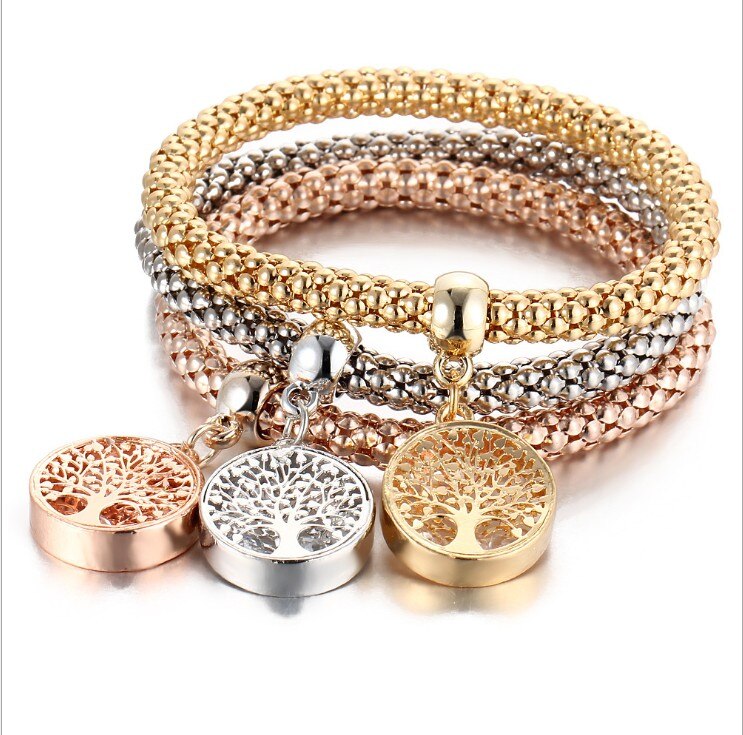 3Pcs Crystal Bracelet Tree of Life Owl Bracelets Inside Rhinestone Elastic Popcorn Chain Bracelet For WomenJewelry: Tree