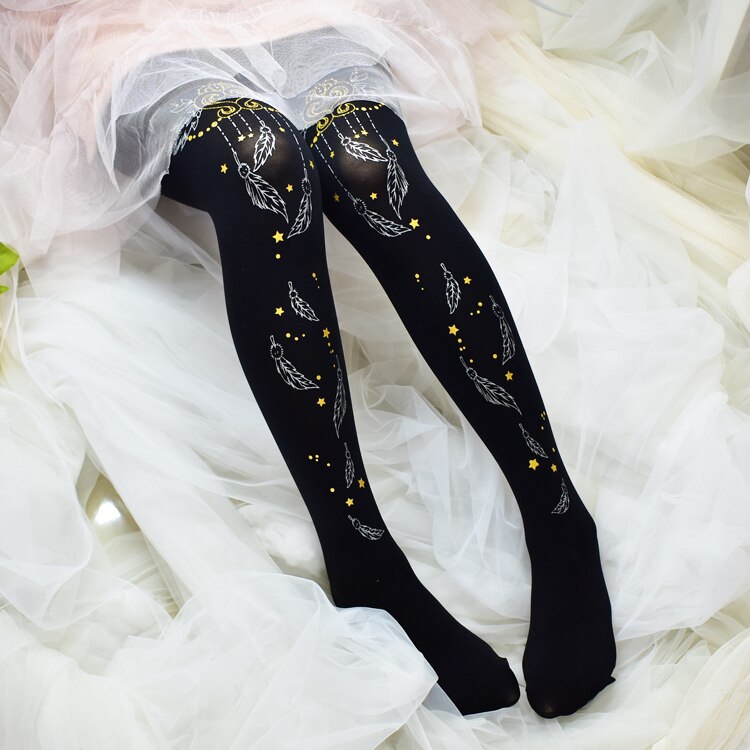 Lolita Lolita – collants double face, imprimés à , plumes argentées, fleurs, extensibles, chaussettes de princesse: black