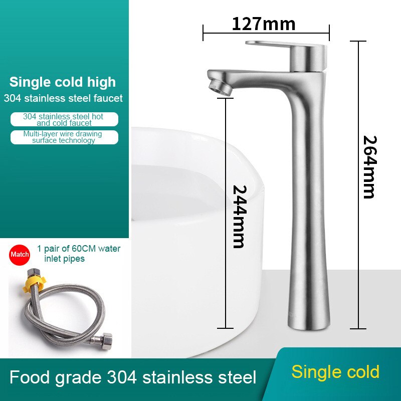 304 Stainless Steel Bathroom Faucet Basin Faucet Toilet Washbasin Single Cold Water Tap Bathroom Accessories: Cold high pipe