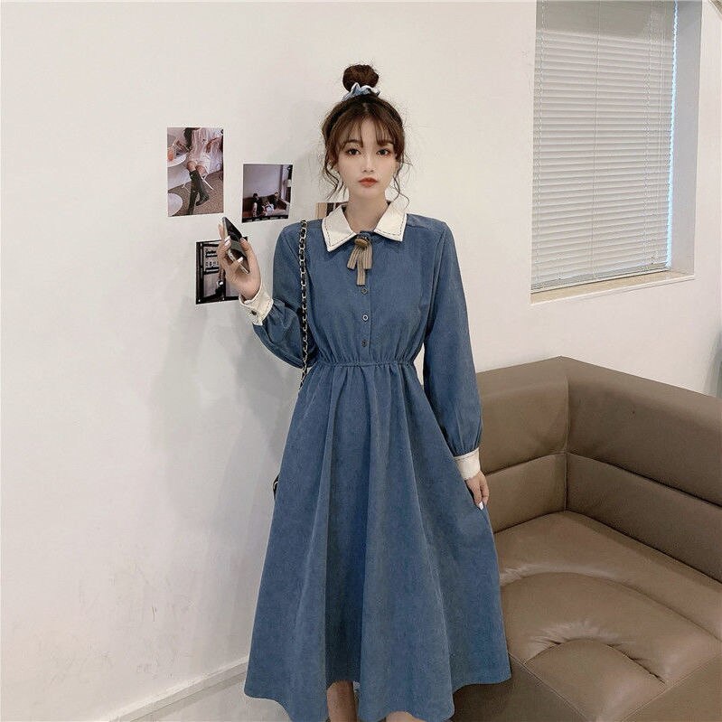 Houzhou Elegante Jurk Vrouwen Zoete Preppy Stijl Lange Mouw Jurk Fairy Vintage Casual Losse Outfits Party Koreaanse Lente Herfst: Blue / S