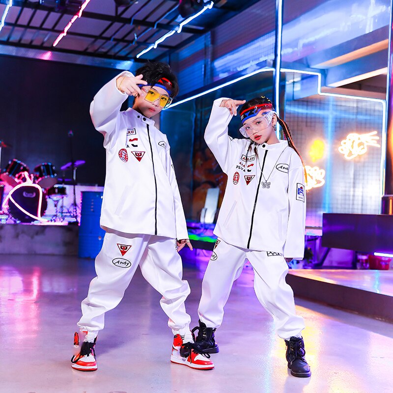 Moderne hiphop danskleding voor jongens en meisjes, wit jasje, hiphoppak, jazz streetdance kostuums, ravekleding, dqs 5961