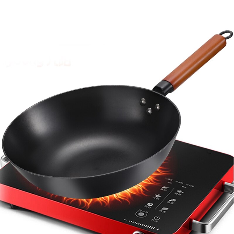 Carbon Steel Wok Chinese Style Flat-Bottomed Cast Iron Stirring Pot for Electric Stove and Induction Cooker -12.5 Inches