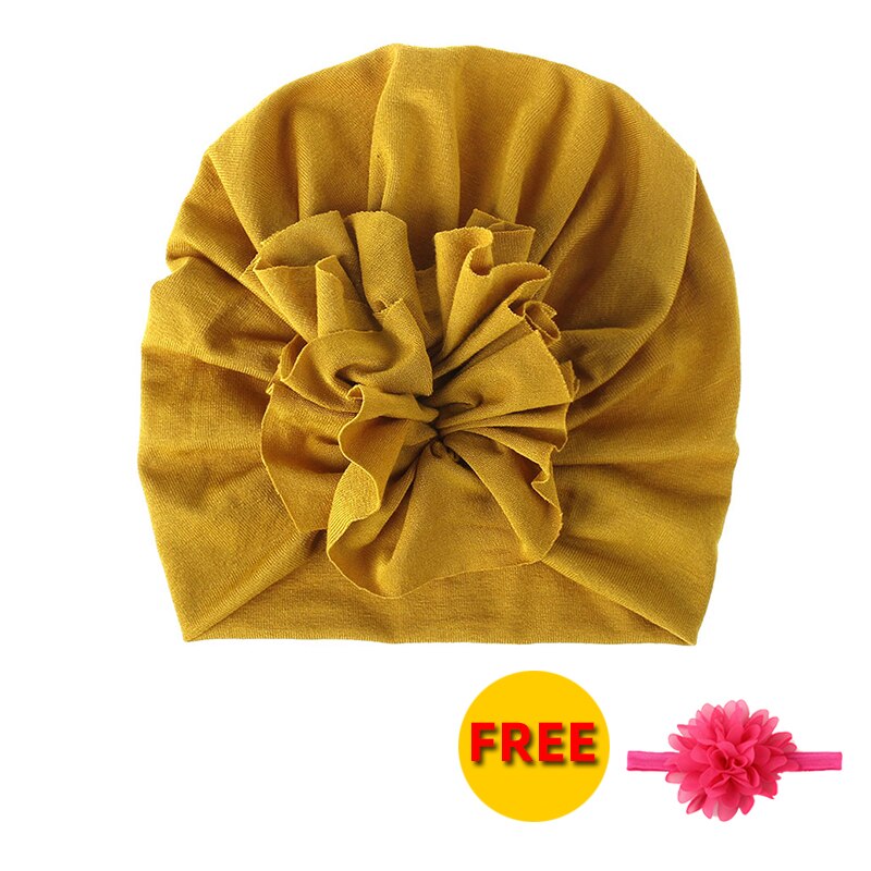 Flor do bebê menina bandana com gorro boné de algodão macio crianças turbante criança faixa de cabelo headbands para meninas acessórios de cabelo do bebê: Yellow